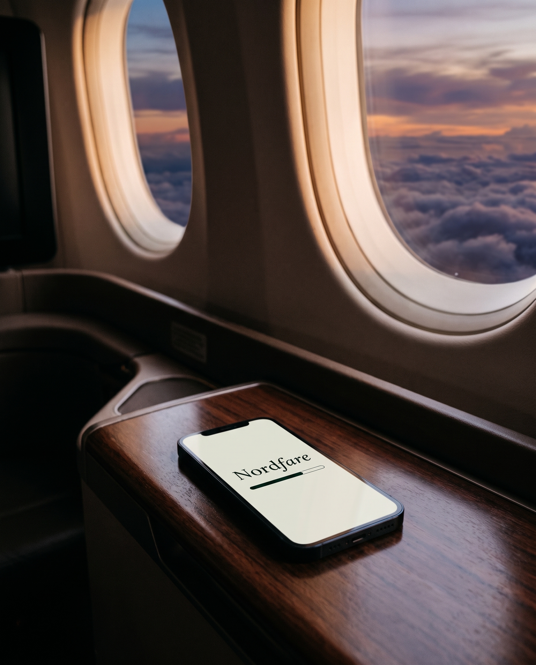 An estimate on a phone beside a first-class window at dusk